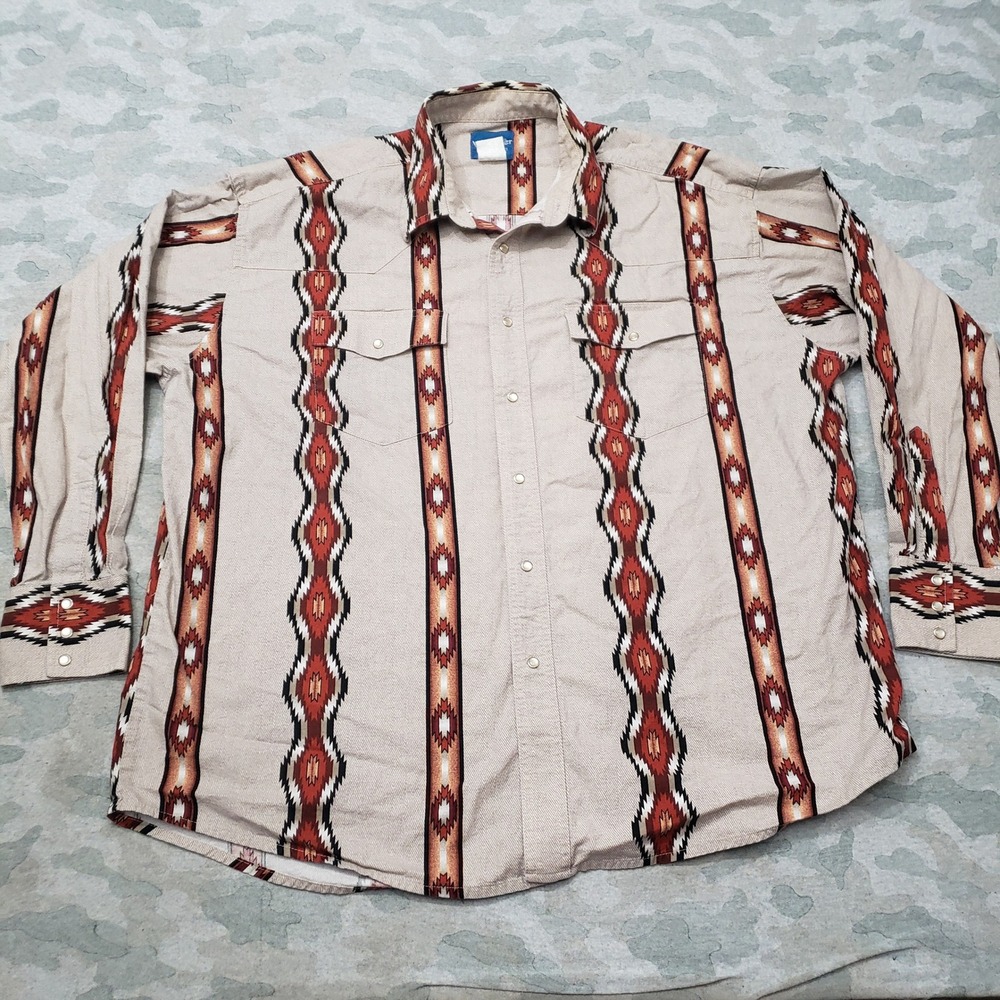 Wrangler Western Shirt Mens XL Tan Aztec Geometric Pearl Snap Long Sleeve Cowboy